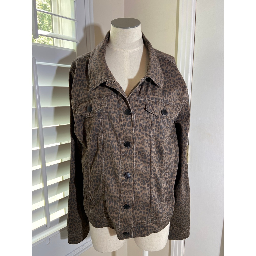 Cavalini Denim Jacket XL Brown Leopard Print Stretch Trucker Indie Sleaze Edgy